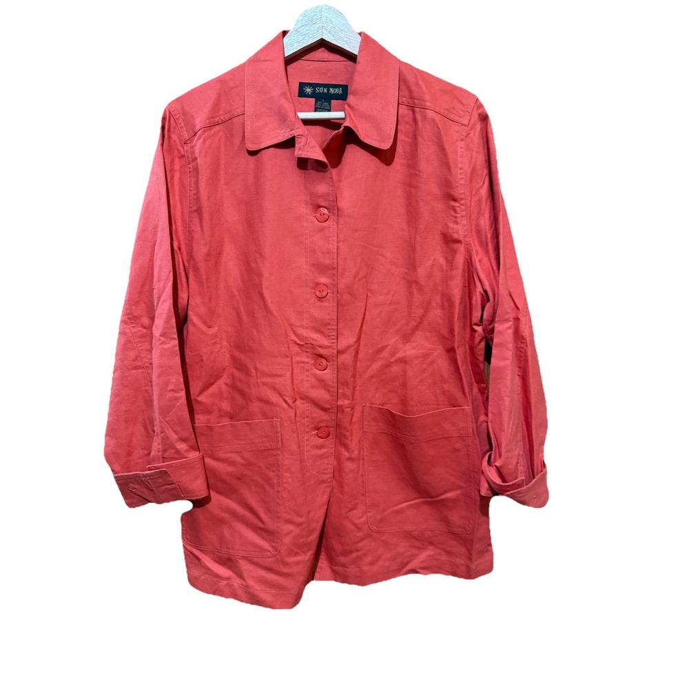 Sun Moda Linen Blend Jacket Women's Medium Coral Oversized Arty Boho Shacket